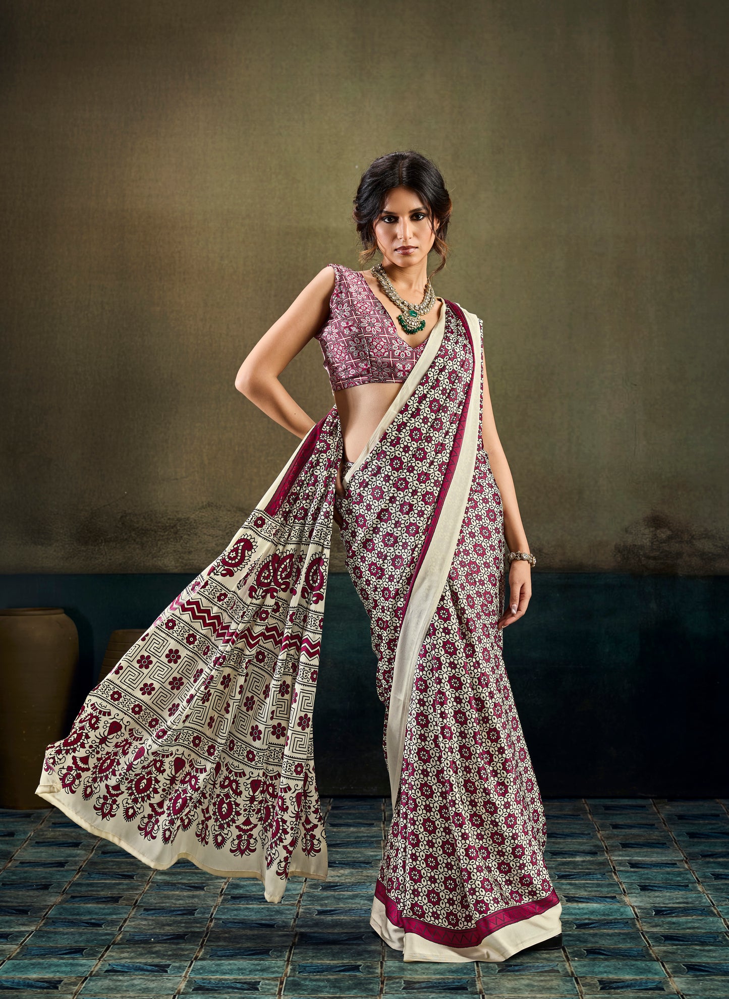 Off White & Wine Modal Silk Ready To Wear/Easy Saree by Stylebypanaash 