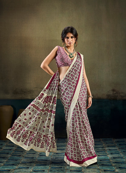 Off White & Wine Modal Silk Ready To Wear/Easy Saree by Stylebypanaash 
