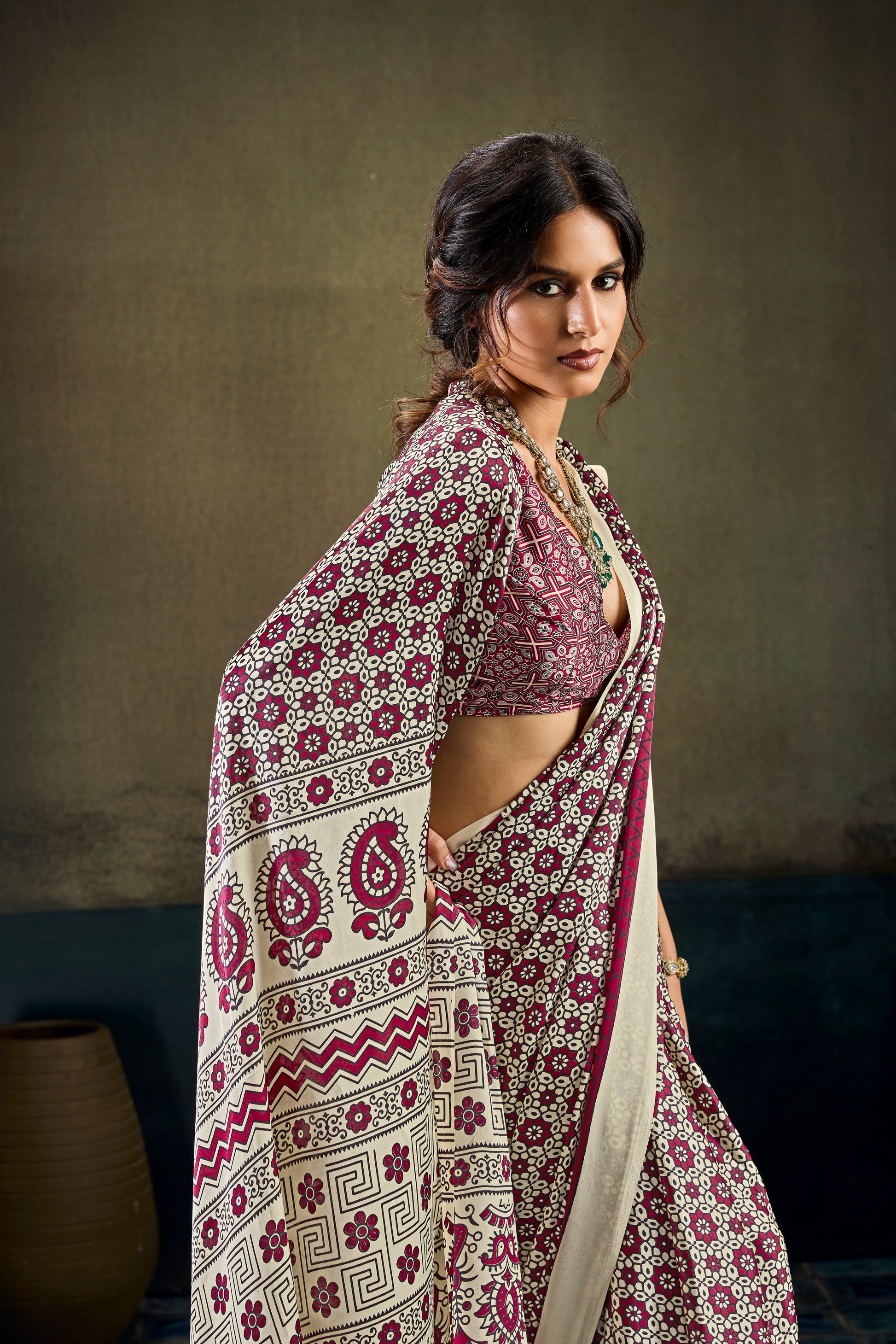 Off White & Wine Modal Silk Ready To Wear/Easy Saree by Stylebypanaash 