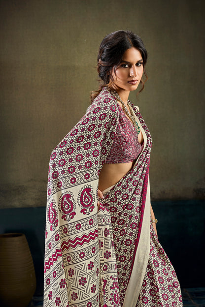 Off White & Wine Modal Silk Ready To Wear/Easy Saree by Stylebypanaash 