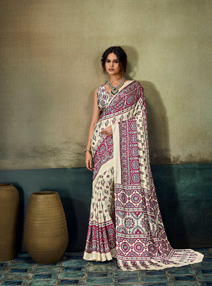 Off White & Pink Modal Silk Ready To Wear/Easy Saree by Stylebypanaash 