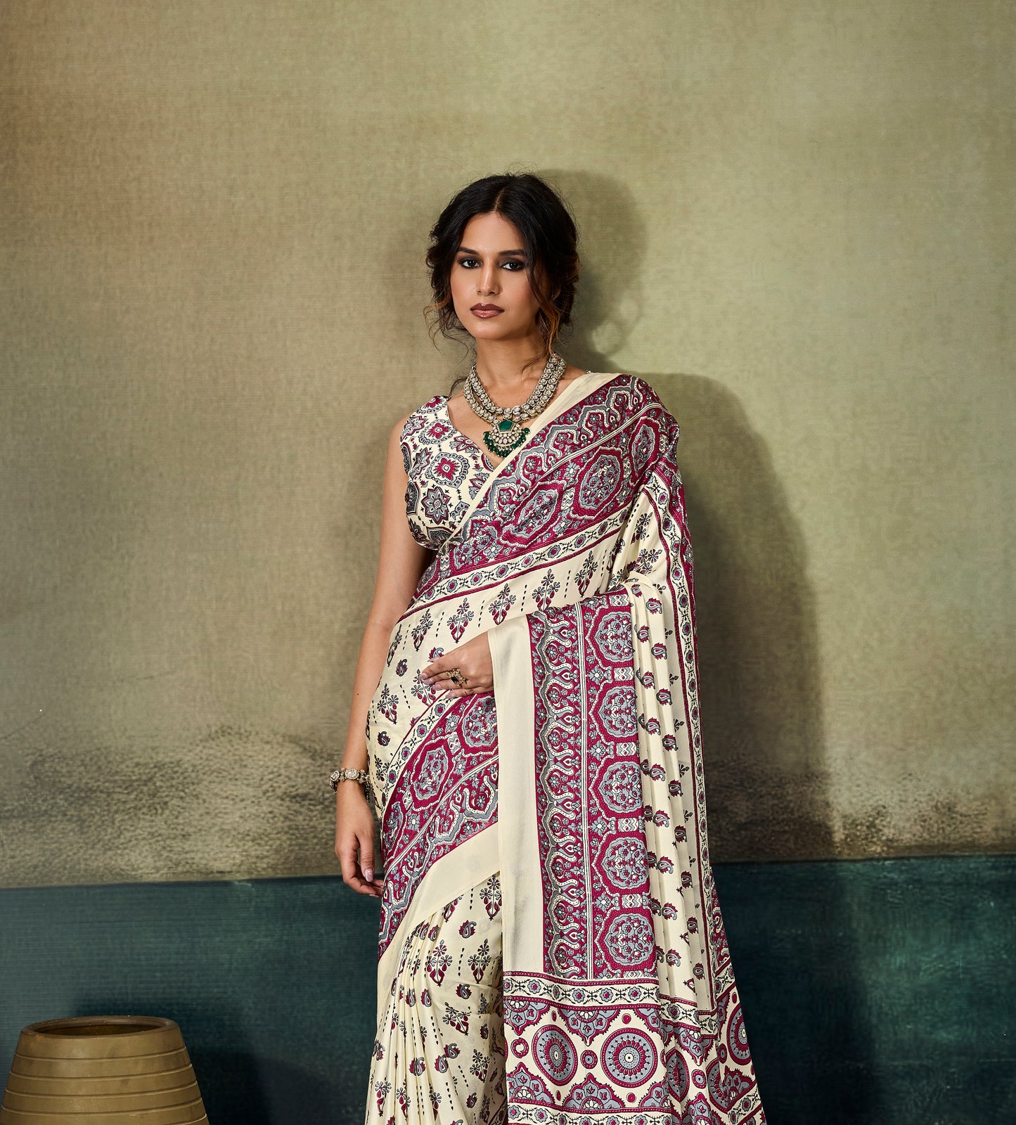 Off White & Pink Modal Silk Ready To Wear/Easy Saree by Stylebypanaash 