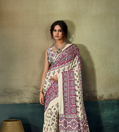 Off White & Pink Modal Silk Ready To Wear/Easy Saree by Stylebypanaash 