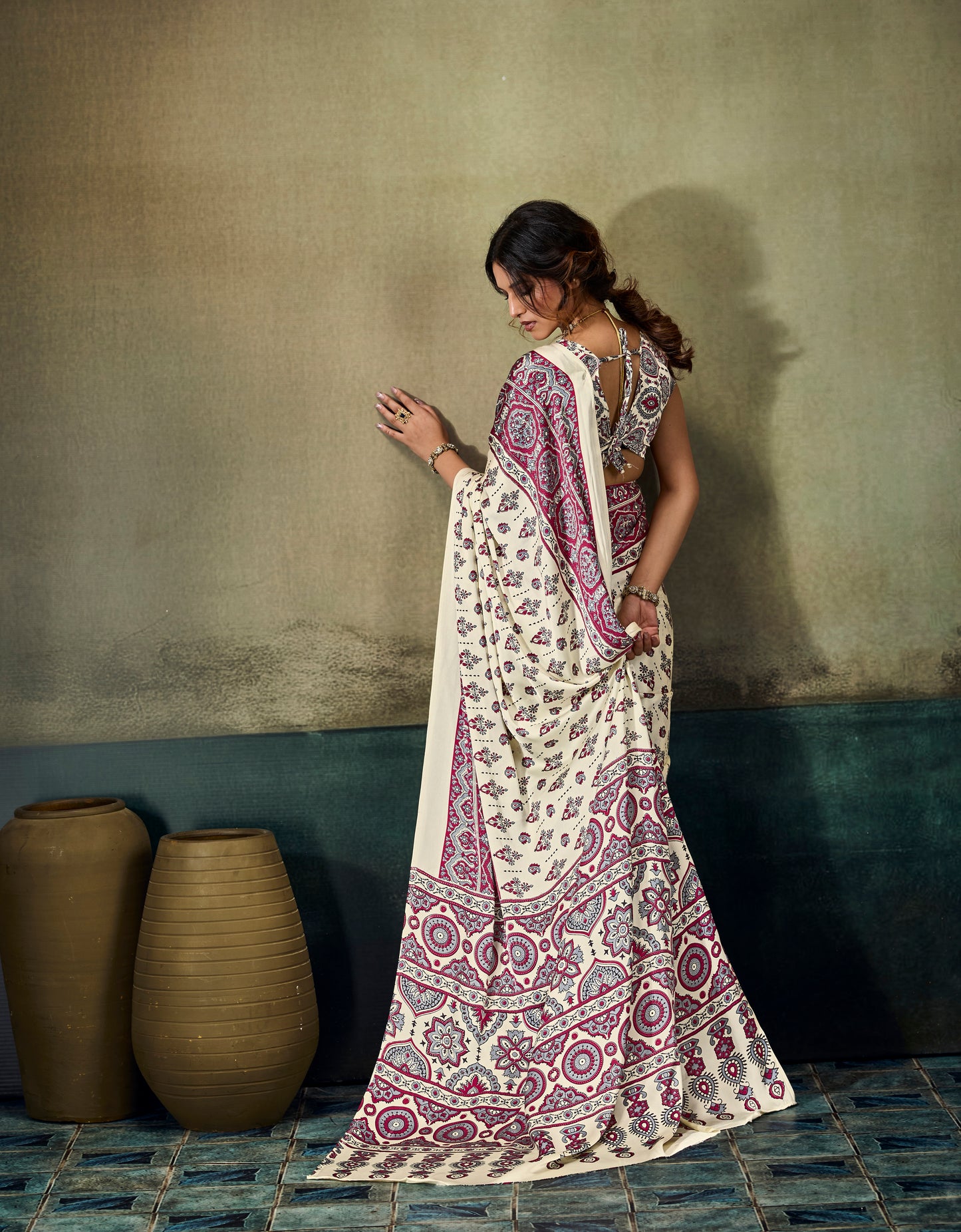 Off White & Pink Modal Silk Ready To Wear/Easy Saree by Stylebypanaash 