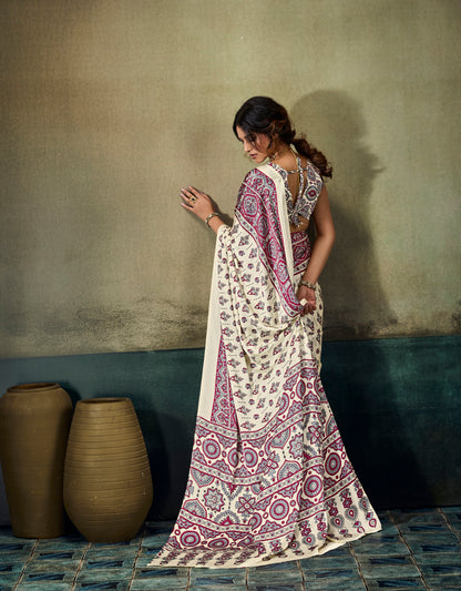 Off White & Pink Modal Silk Ready To Wear/Easy Saree by Stylebypanaash 