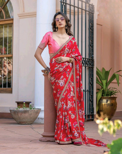 Red Color Printed Silk Readymade/Easy Saree