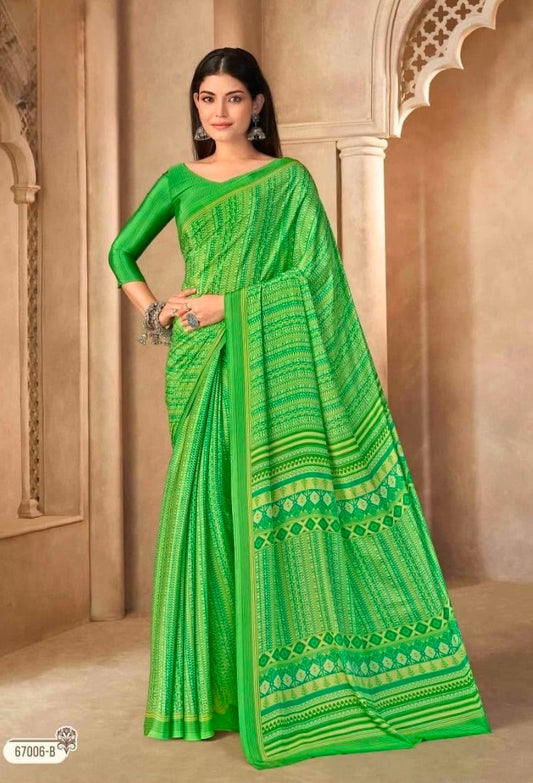 Lime green crepe silk ready-to-wear saree with patterned border and long sleeves
