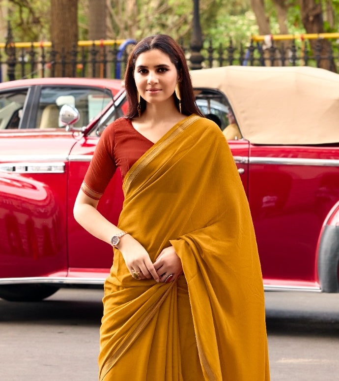 Mustard Mul Cotton Ready To Wear/Easy Saree