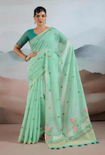 Mint green Spun Cotton Readymade/Easy Saree
