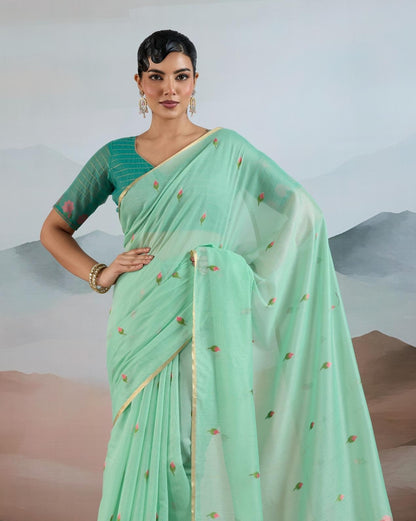 Mint green Spun Cotton Readymade/Easy Saree