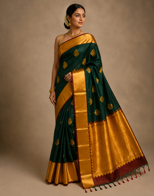 Bottle Green Color Handmade Kanchipuram Pure Silk Custom Sized Ready To Wear Saree