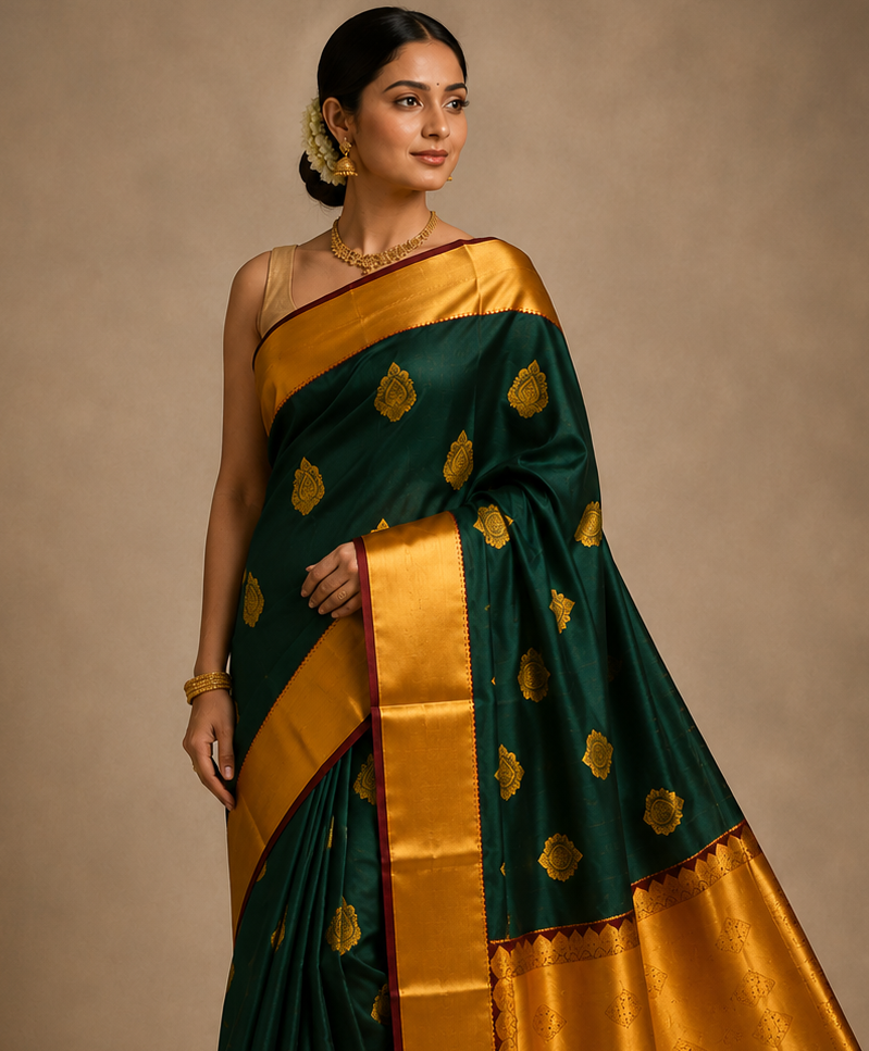 Bottle Green Color Handmade Kanchipuram Pure Silk Custom Sized Ready To Wear Saree - Panaash Saree