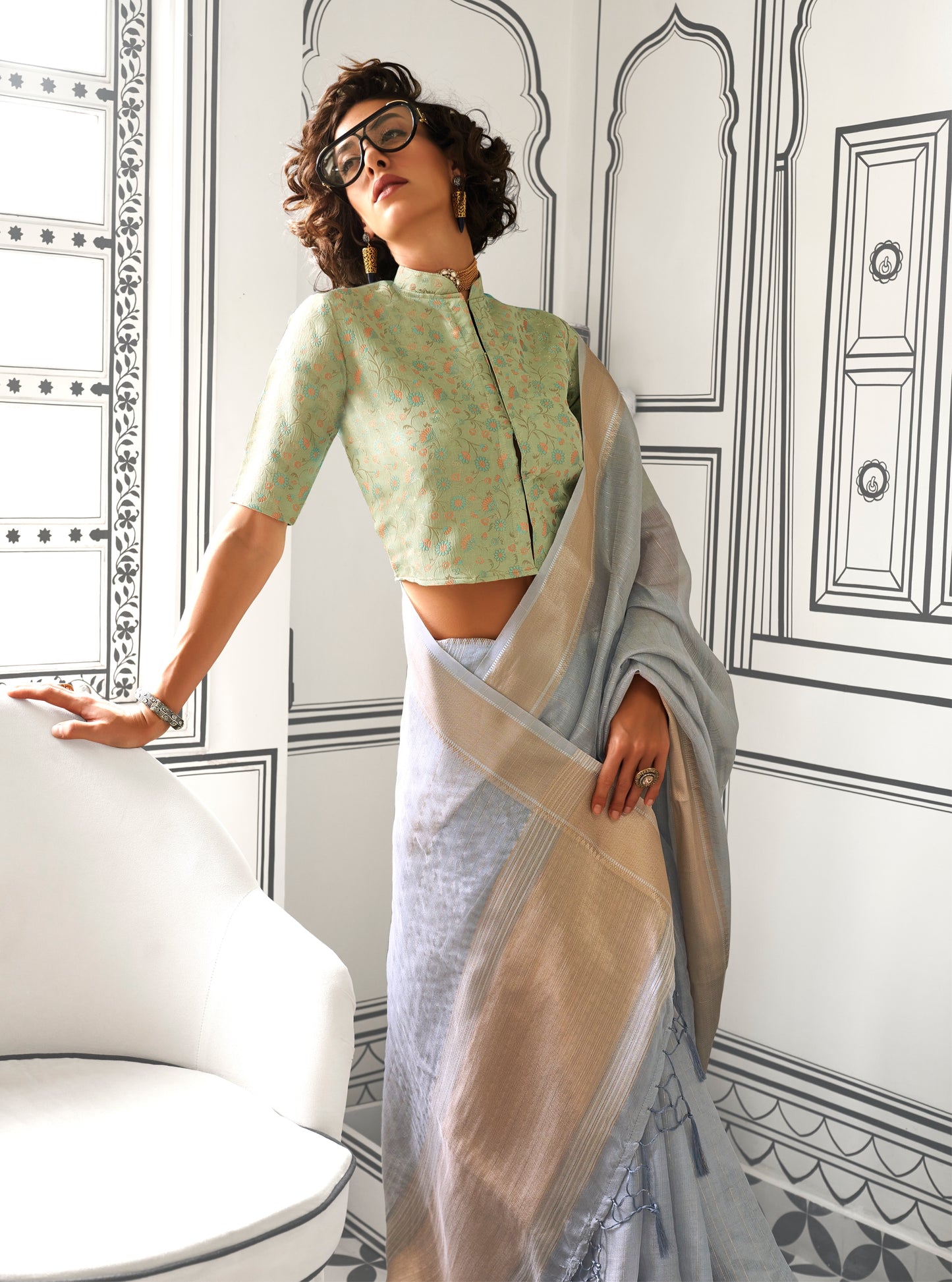 Grey Color Silk Readymade/Easy Saree With Fancy Unstitched Blouse