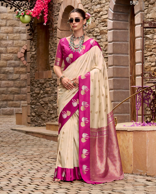 Off-White Satin Silk Readymade/Easy Saree