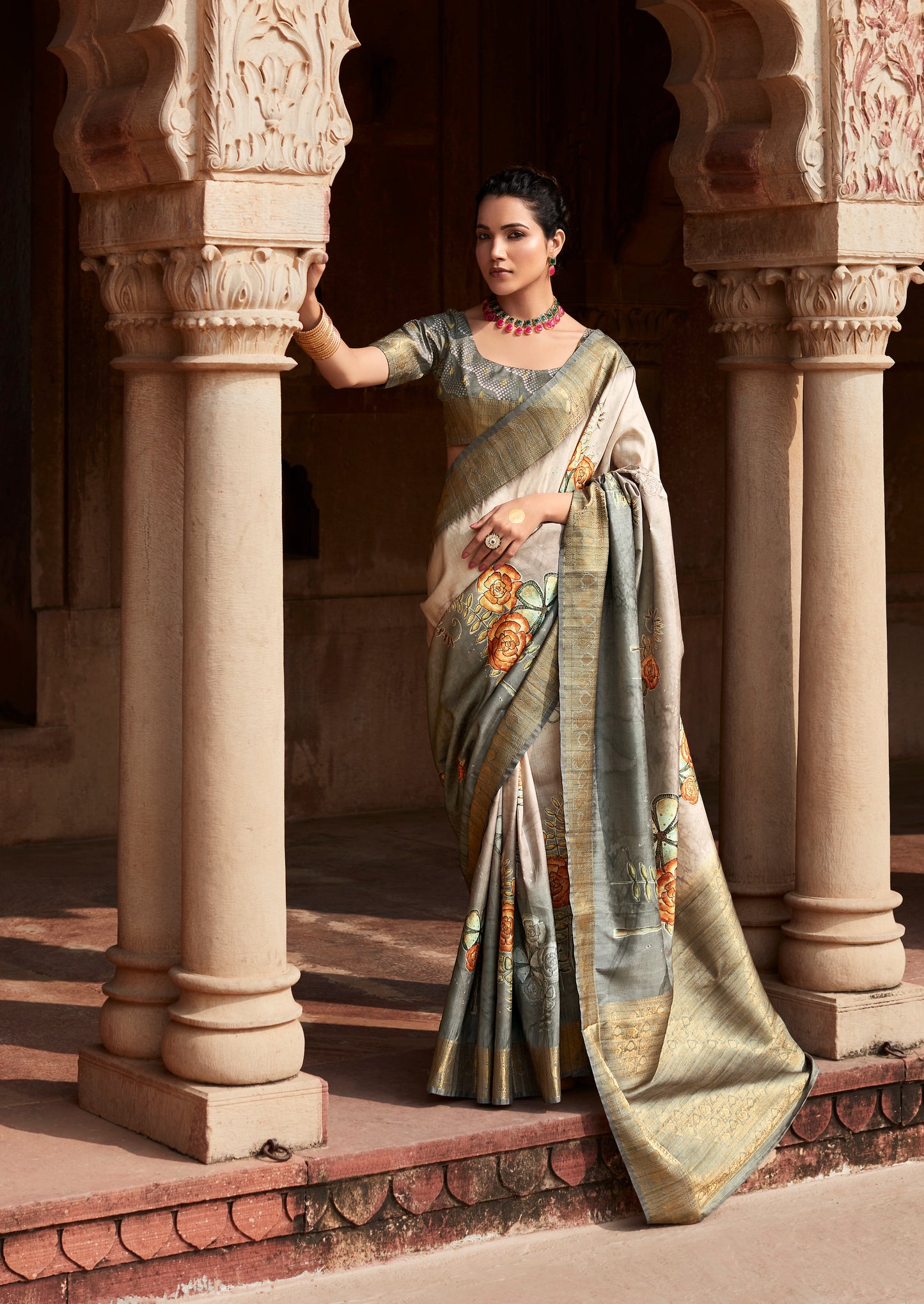 Grey Printed Soft Silk Readymade/Easy Saree