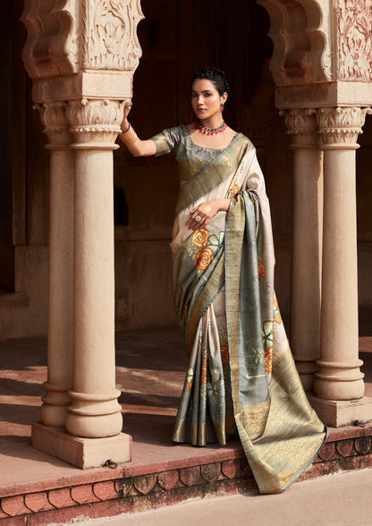 Grey Printed Soft Silk Readymade/Easy Saree