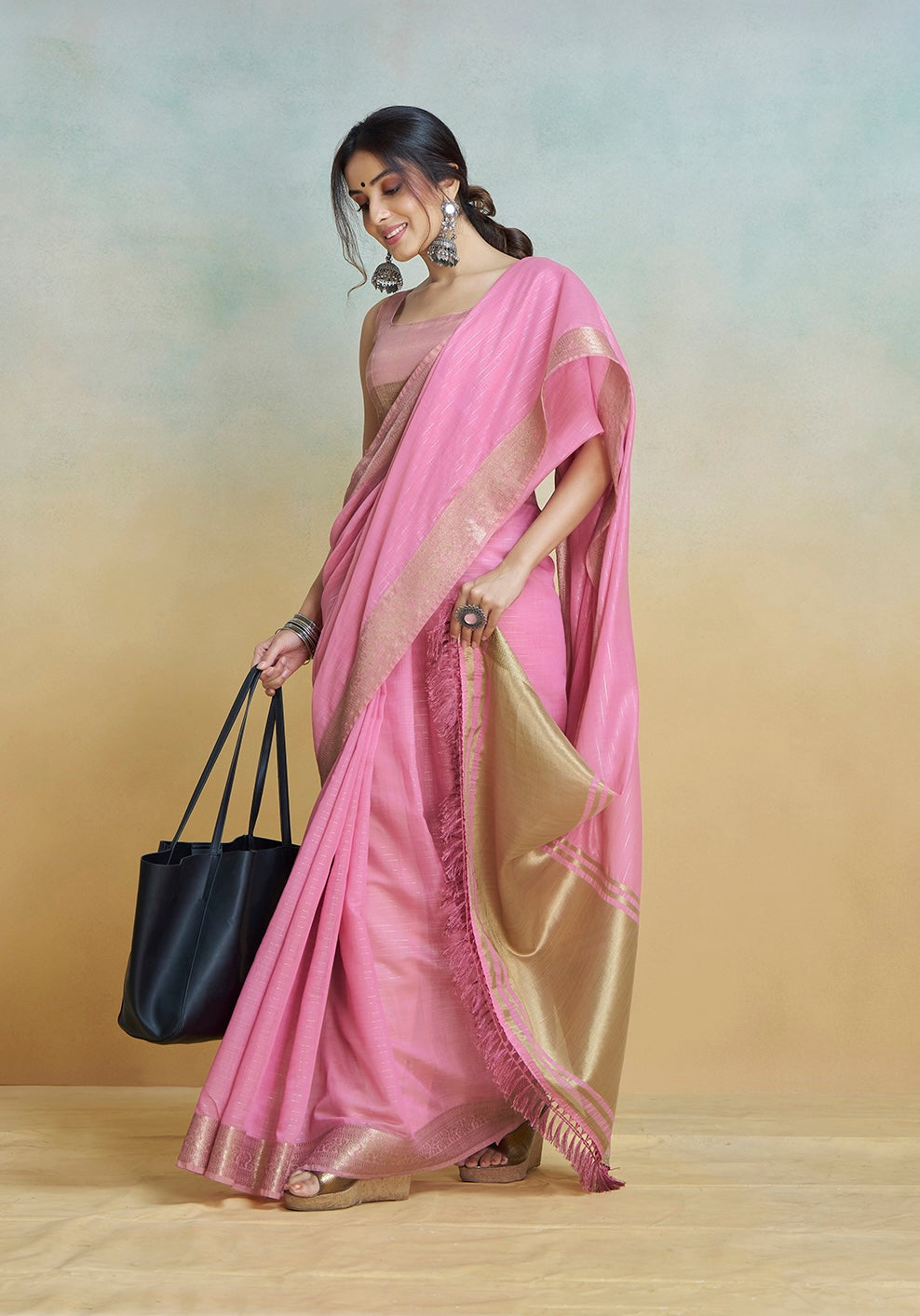 Pink Khadi Silk Ready To Wear/Easy Saree by Stylebypanaash