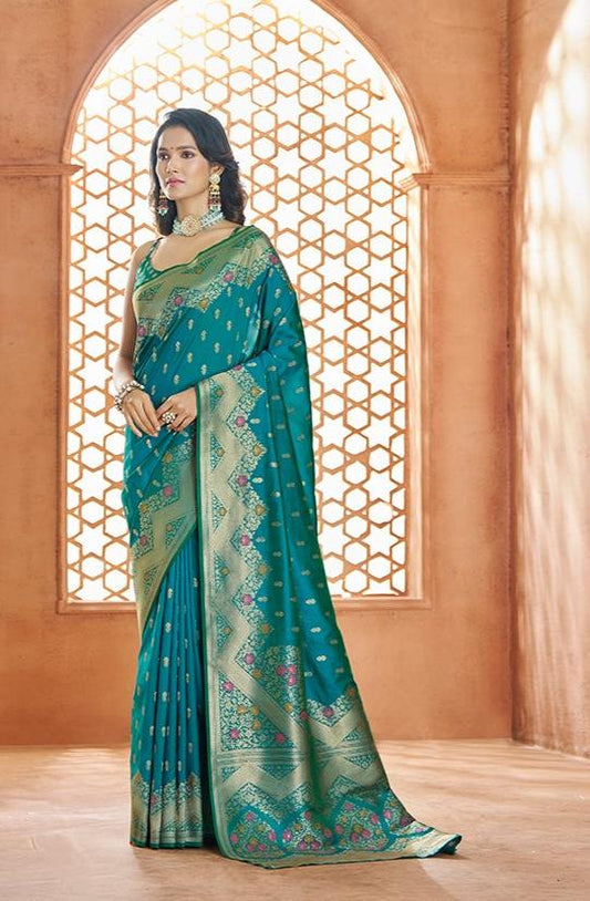 Peacock Color Banarasi Silk Readymade/Easy Fancy Saree