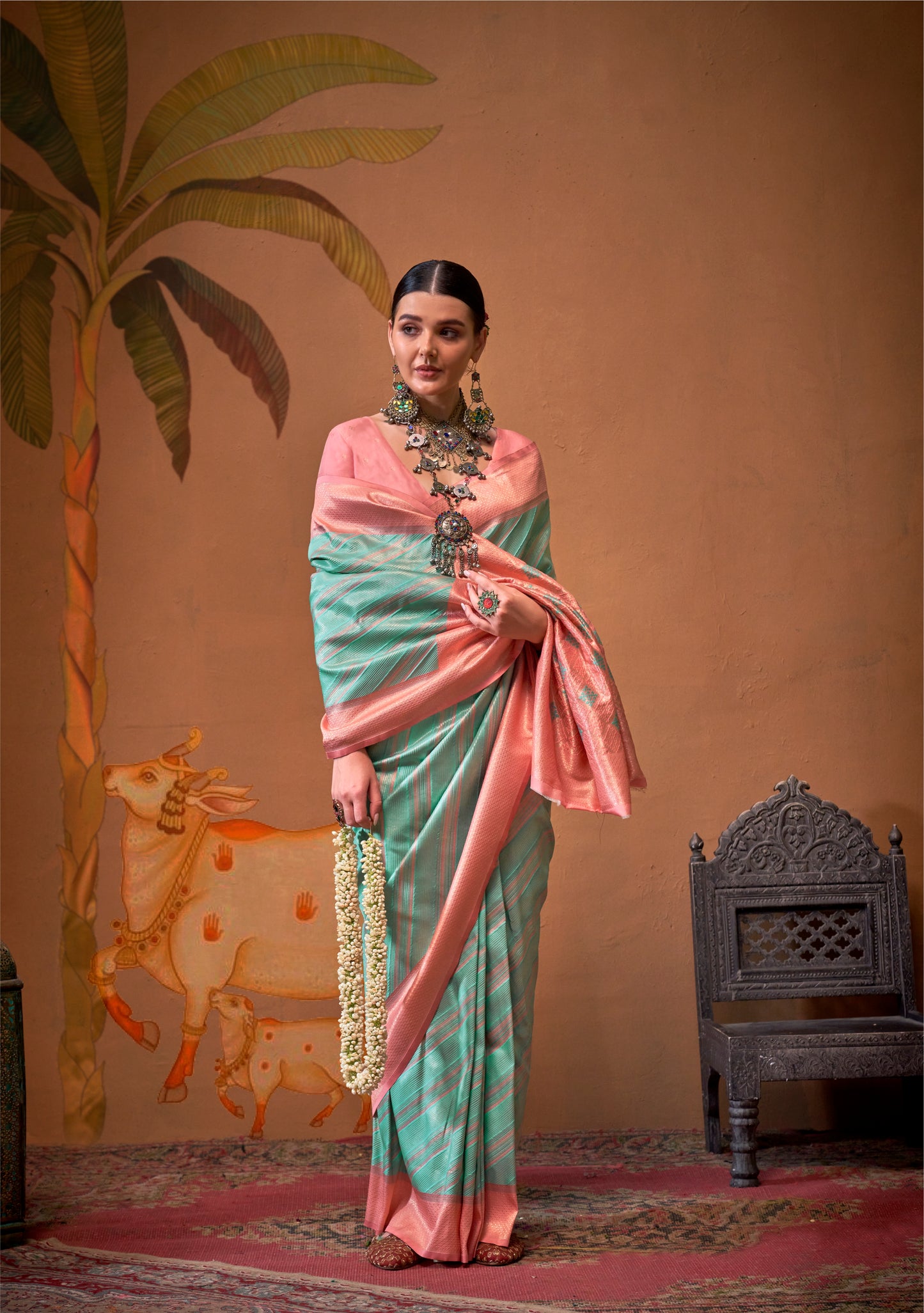 Turquoise Soft Kanjivaram Silk Readymade/Easy Saree