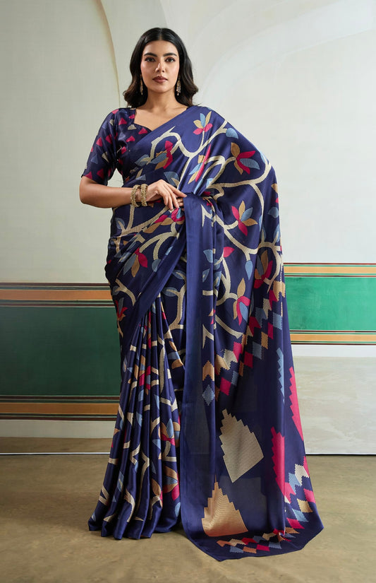 Blue Crepe Silk Readymade/Easy Saree