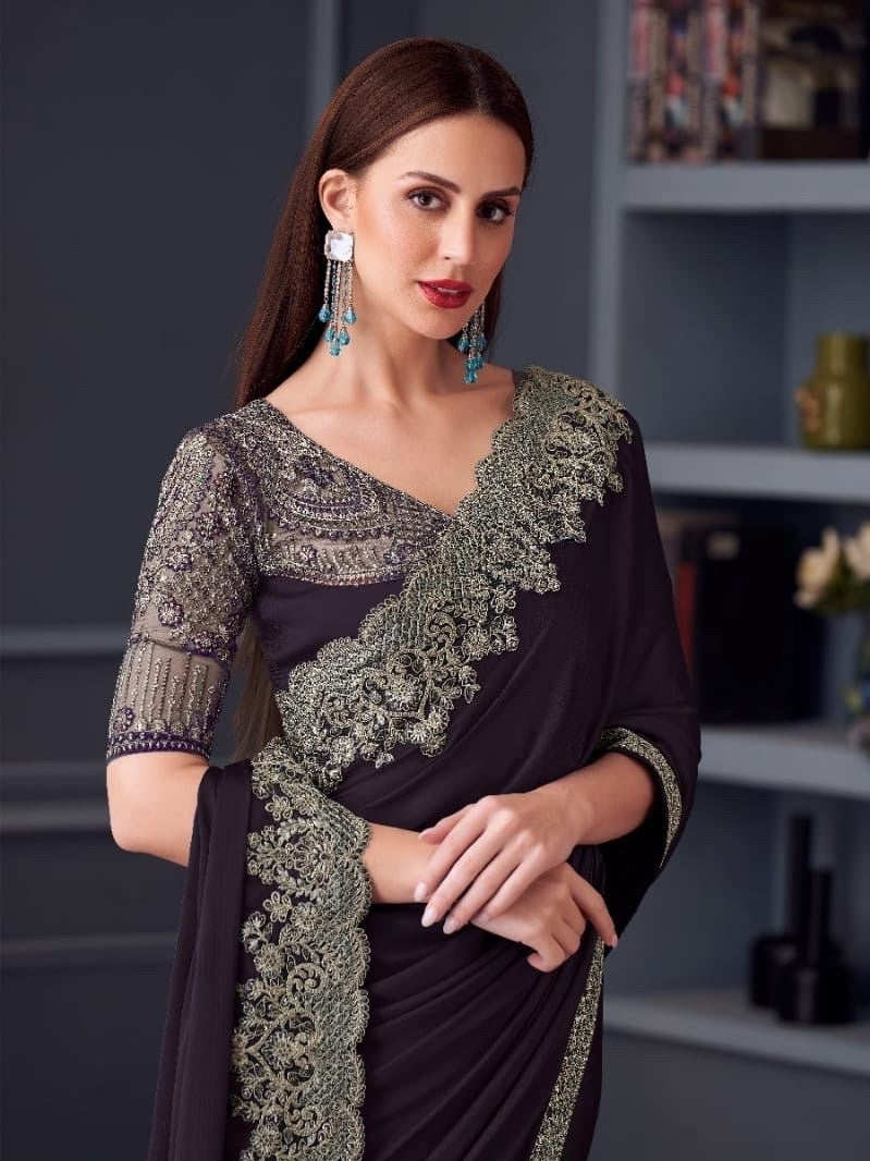 Dark Plum Cocktail Ready To Wear/Easy Saree by StylebyPanaaash