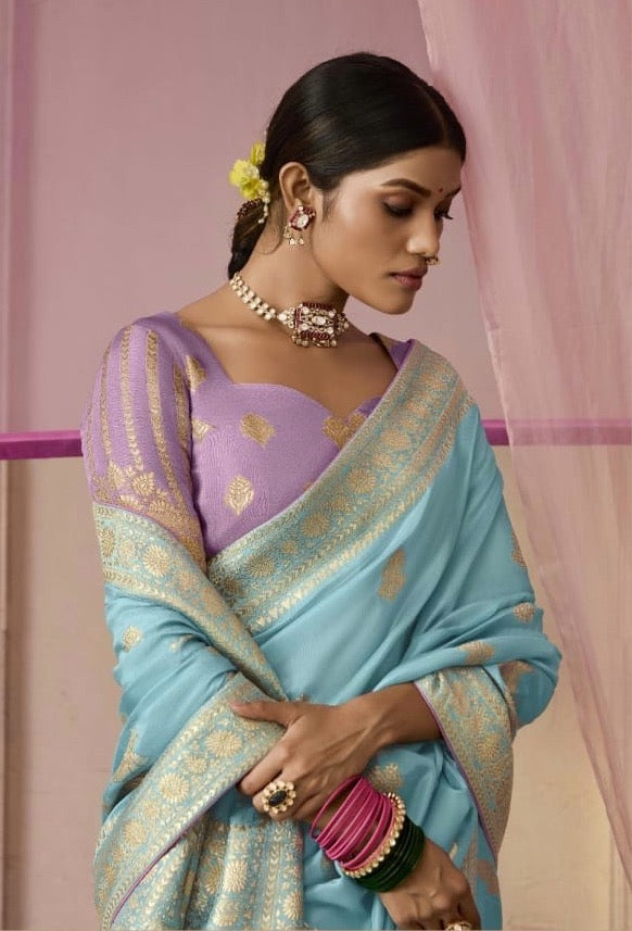 Light Blue Color Designer Kanjivaram Silk Readymade/Easy Saree