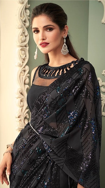 Black Color Cocktail Readymade Saree