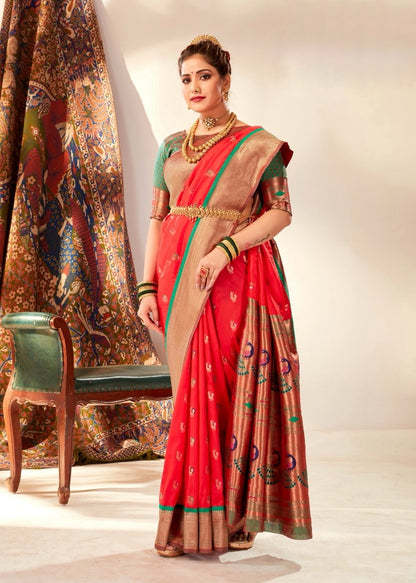 Red Paithani Silk Readymade Saree With Customised Stitched Blouse