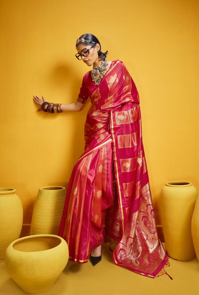 Red Satin Silk Ready to wear/Easy Saree - Panaash Saree