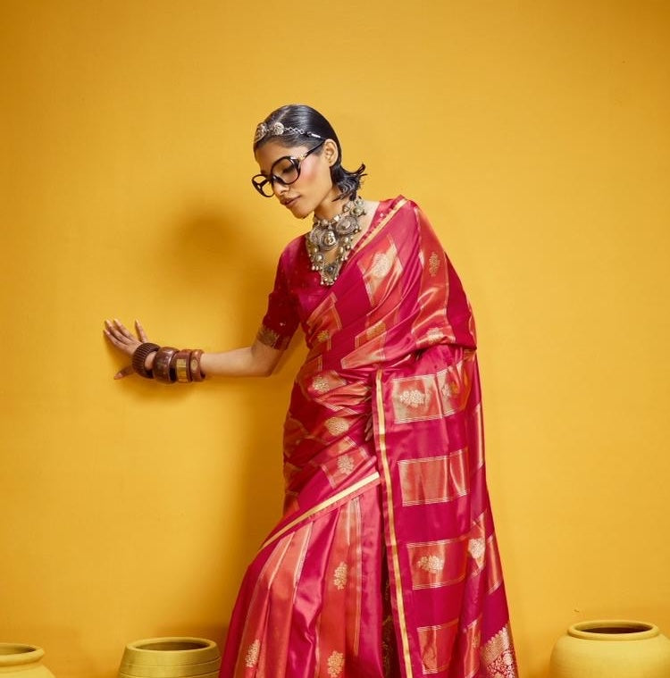 Red Satin Silk Ready to wear/Easy Saree - Panaash Saree