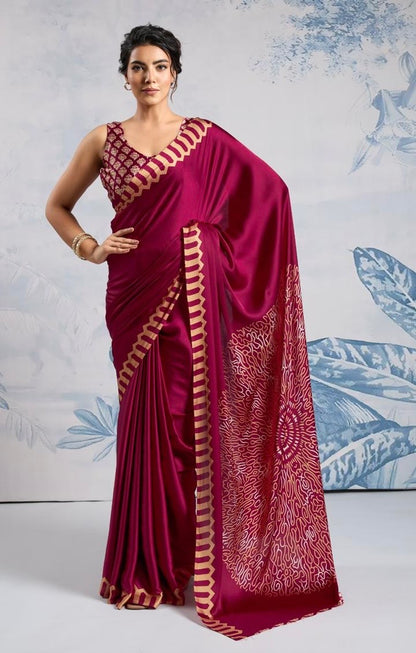 Plain Maroon Readymade Crepe Silk Saree