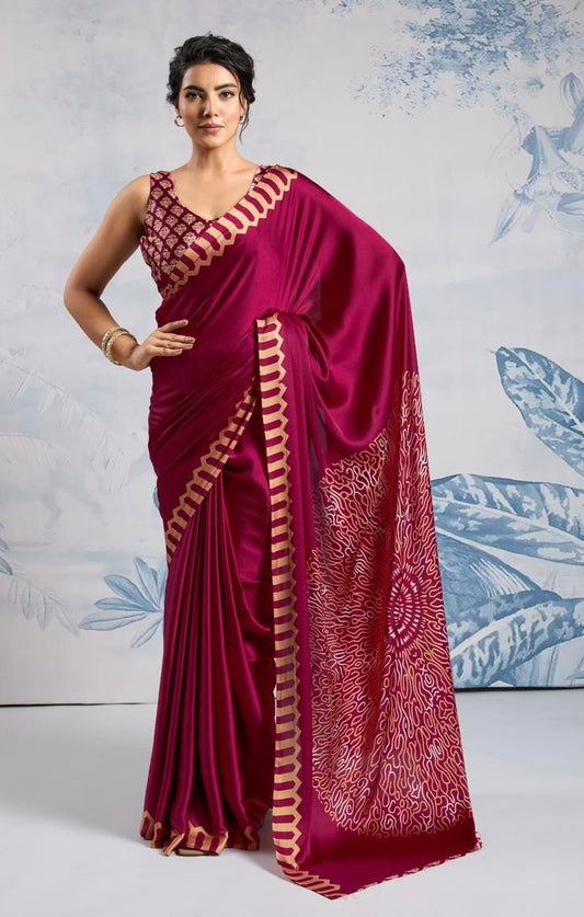 Plain Maroon Readymade Crepe Silk Saree