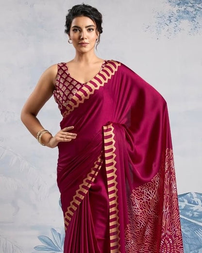 Plain Maroon Readymade Crepe Silk Saree