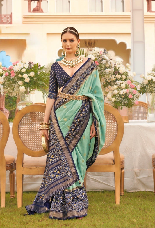 Lime Green Patola Silk Readymade/Easy Saree