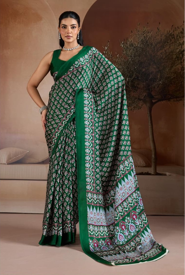 Green Crepe Silk Readymade/Easy Saree
