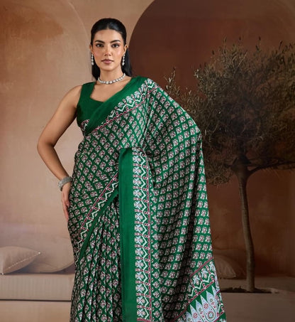 Green Crepe Silk Readymade/Easy Saree