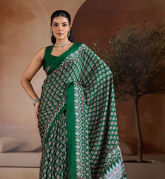Green Crepe Silk Readymade/Easy Saree