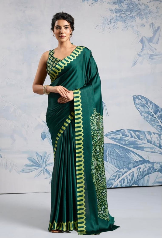 Plain Green Readymade Crepe Silk Saree