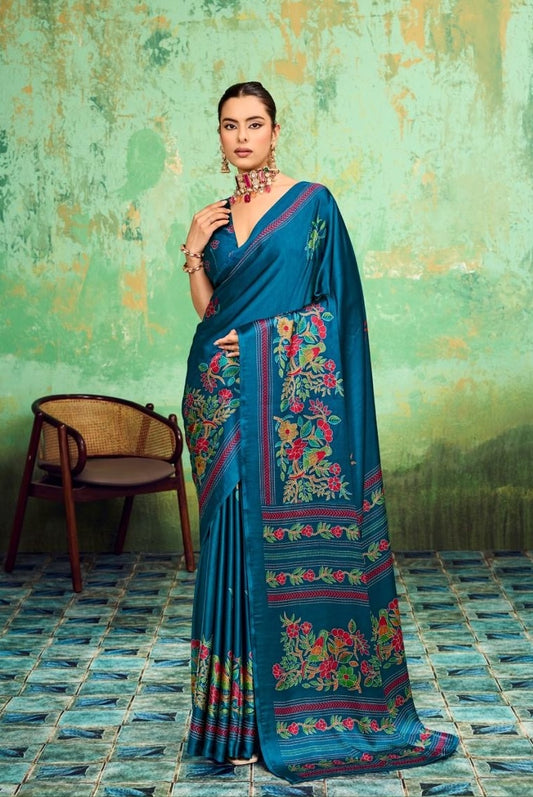 Blue modal silk saree with floral border and pallu, ready-to-wear drape