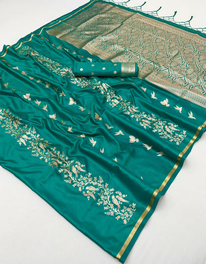 Teal Green Satin Silk Readymade/Easy Saree - Panaash Saree