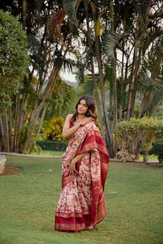 Maroon Silk Cotton Office Wear Readymade/Easy Saree