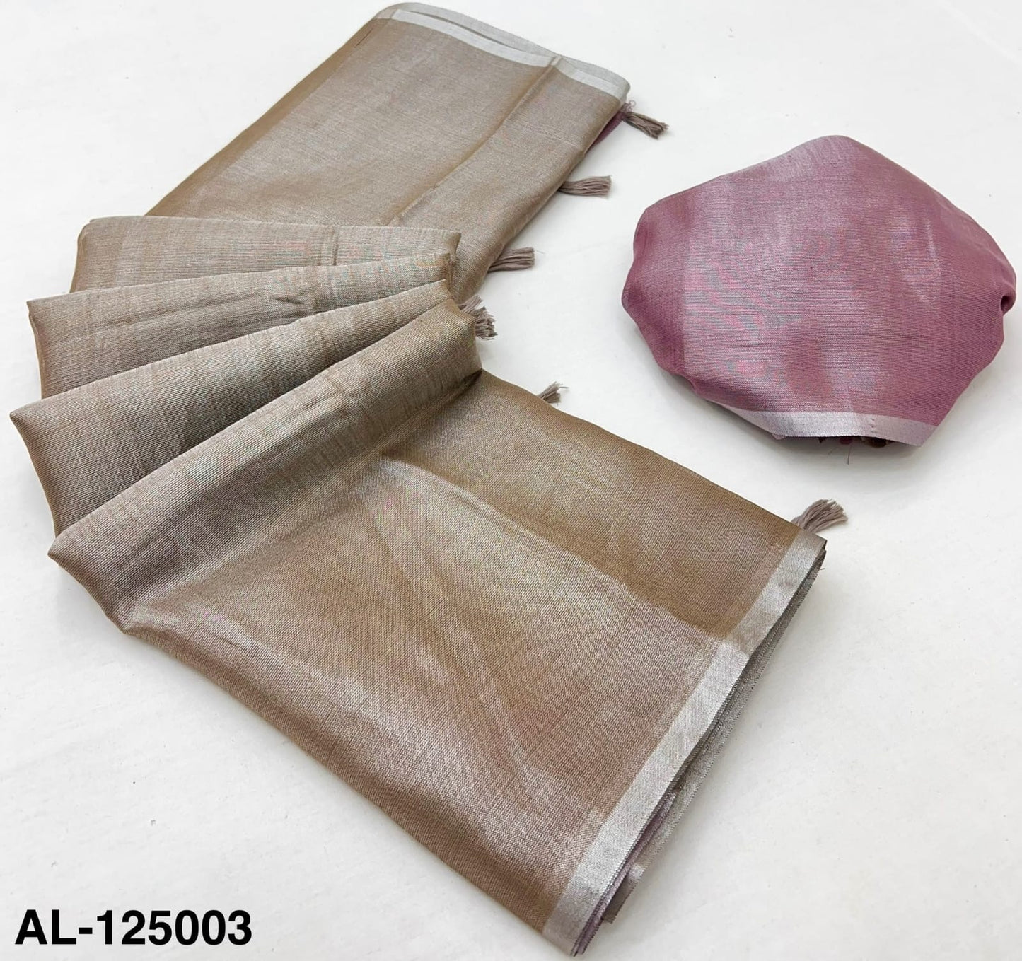 Folded bronze tissue silk saree set with pink blouse piece, tassel edges