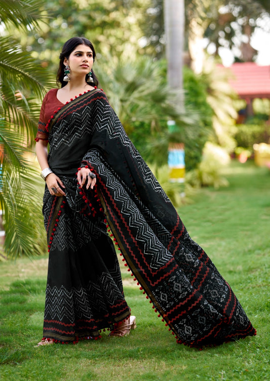 Black Mul Mul Cotton Easy/Readymade Saree