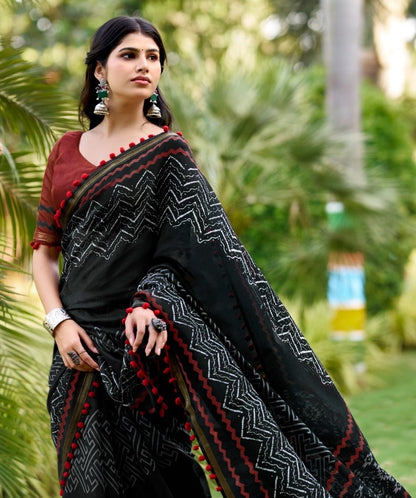 Black Mul Mul Cotton Easy/Readymade Saree