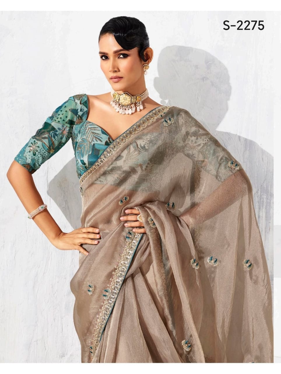 Light Golden Tissue Silk Readymade/Easy Saree
