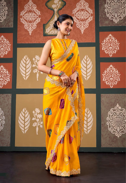 Yellow Chiffon Ready To Wear/Easy Saree