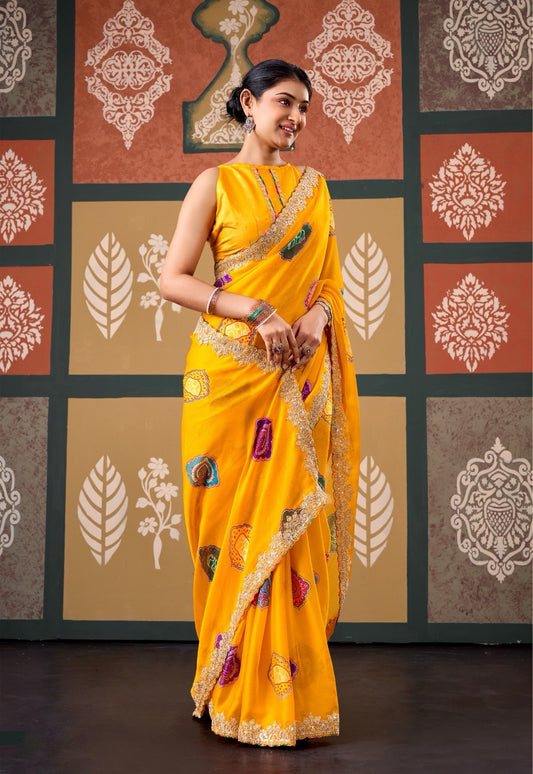 Yellow Chiffon Ready To Wear/Easy Saree