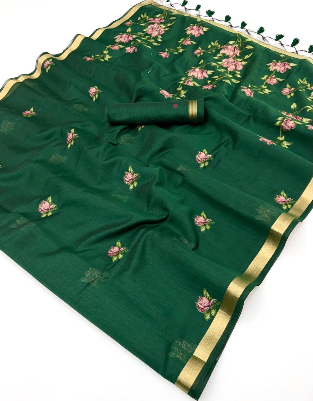 Green Munga Silk  Ready To Wear/Easy Saree by Stylebypanaash