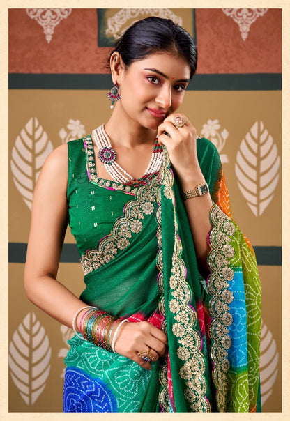 Green Chiffon Ready To Wear/Easy Saree