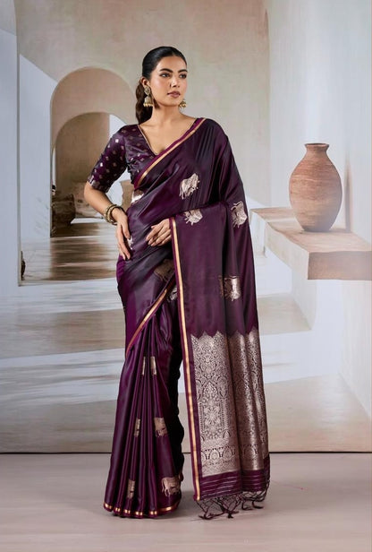 Royal Plum Satin Silk Readymade/Easy Saree